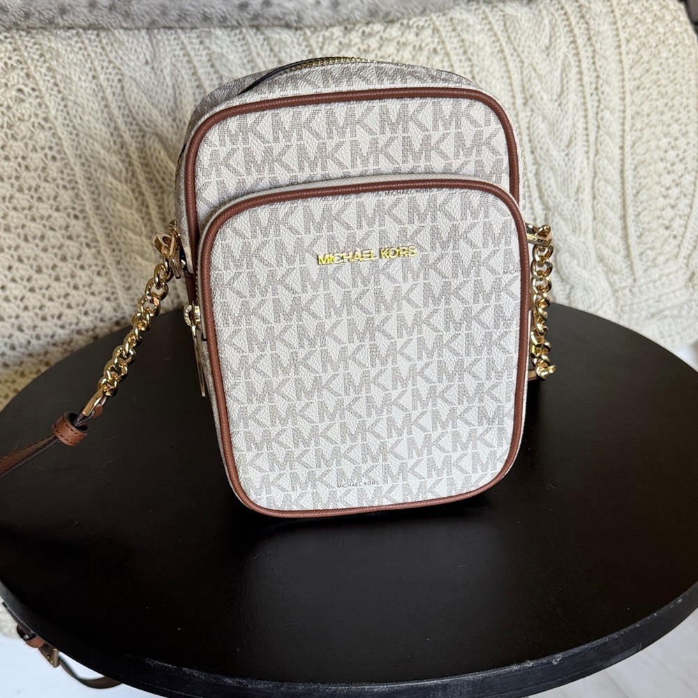 Michael Kors Cream and Brown Logo Crossbody